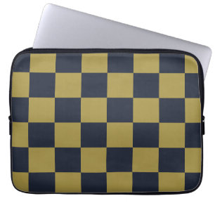 Elegant Gold & Navy Blue Chequered Pattern Laptop Sleeve