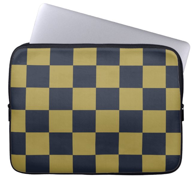 Elegant Gold & Navy Blue Chequered Pattern Laptop Sleeve (Front)