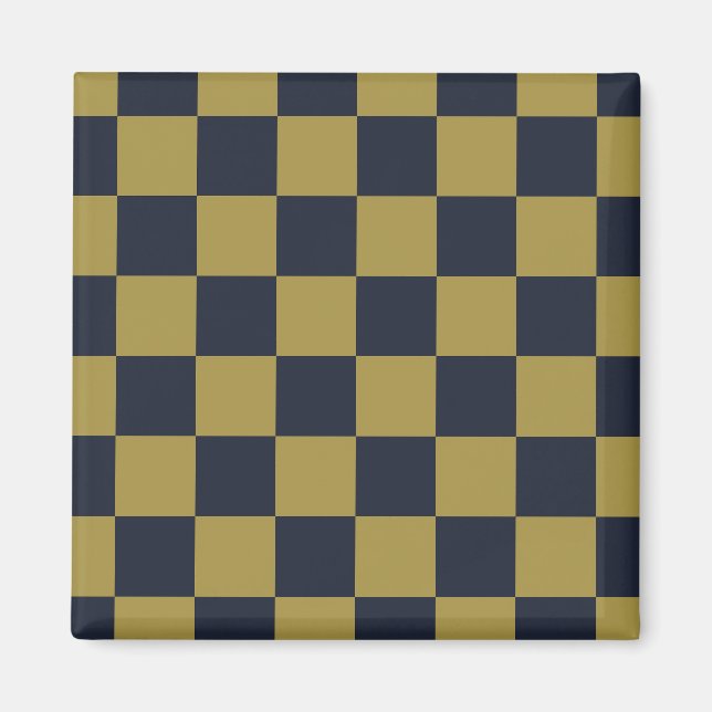 Elegant Gold & Navy Blue Chequered Pattern Magnet (Front)