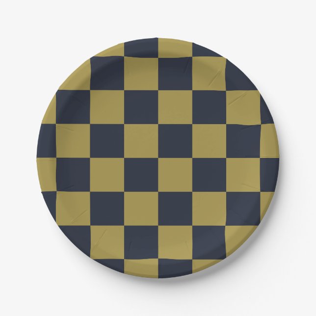Elegant Gold & Navy Blue Chequered Pattern Paper Plate (Front)