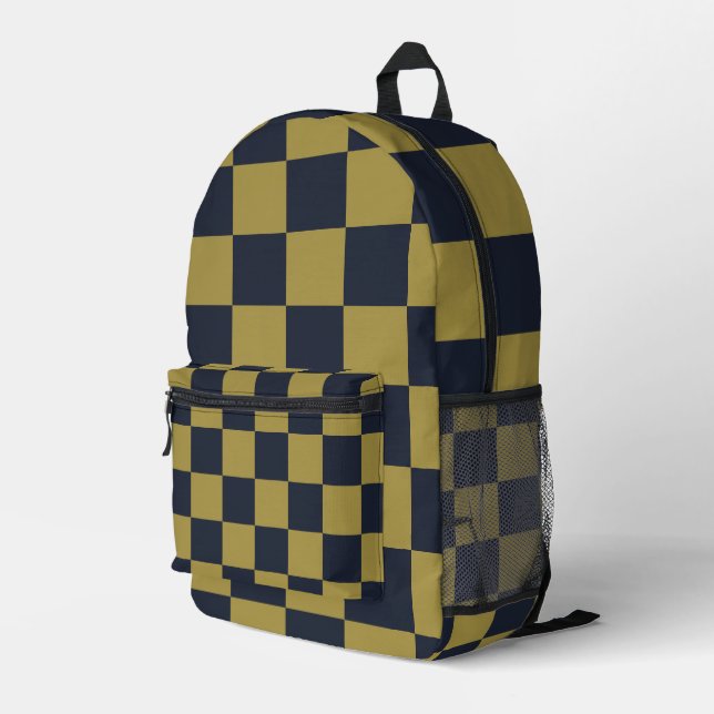 Elegant Gold & Navy Blue Chequered Pattern Printed Backpack (Back Corner Right)