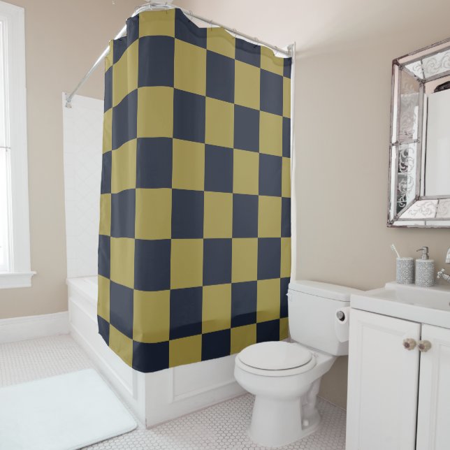 Elegant Gold & Navy Blue Chequered Pattern Shower Curtain (In Situ)