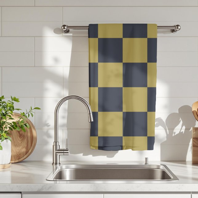 Elegant Gold & Navy Blue Chequered Pattern Tea Towel (Creator Uploaded)