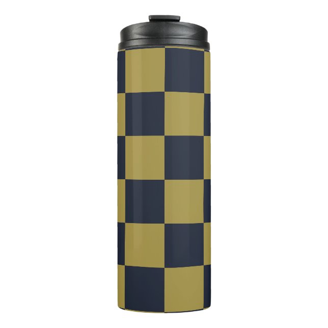 Elegant Gold & Navy Blue Chequered Pattern Thermal Tumbler (Front)