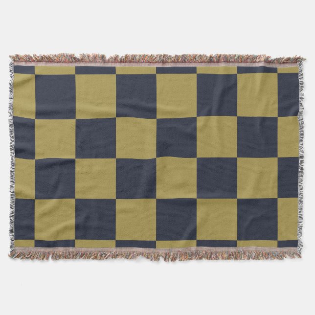 Elegant Gold & Navy Blue Chequered Pattern Throw Blanket (Front)