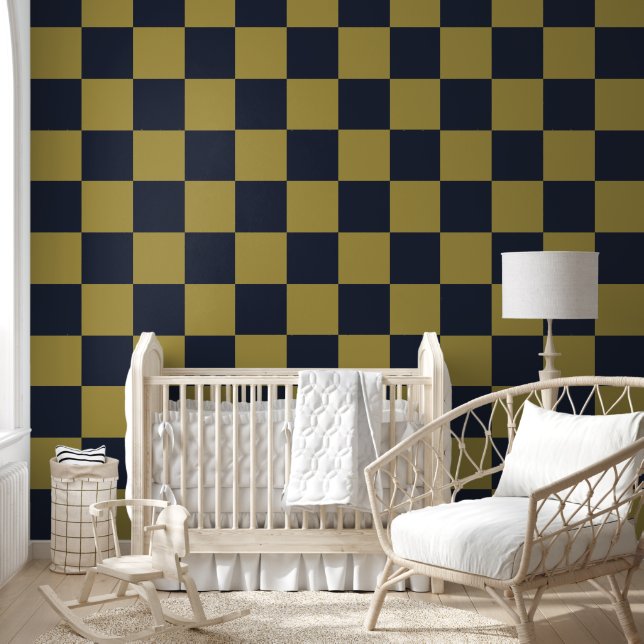 Elegant Gold & Navy Blue Chequered Pattern Wallpaper (Kids)