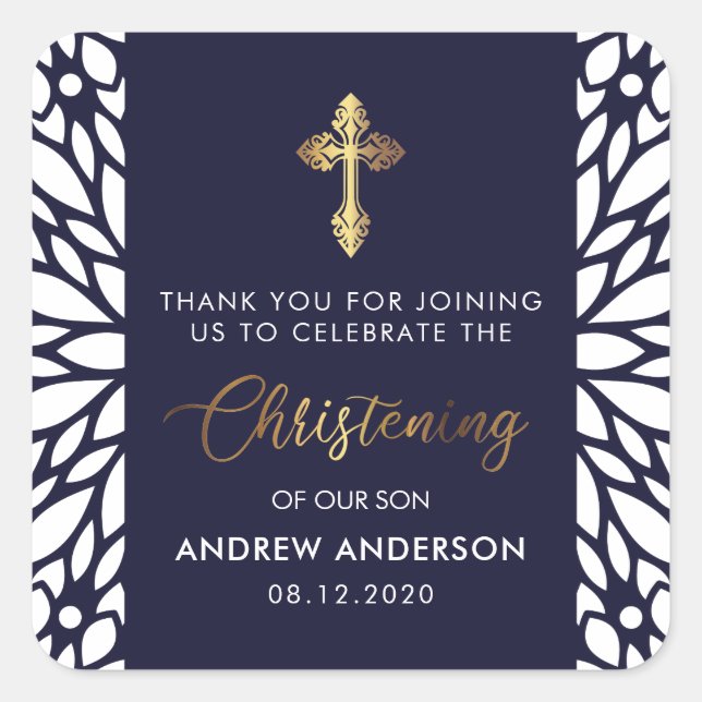 Elegant Gold & Navy Blue Christening Thank You Square Sticker (Front)