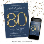 Elegant Gold Navy Blue Classy 80th Birthday Party Invitation<br><div class="desc">Elegant Gold Navy Blue Classy 80th Birthday Party Invitation. Simple yet classy birthday invitation with the birth year milestone in solid gold text effect! This is an editable template and could be used for both male and female. A version with photo is also available in this design collection. Contact me...</div>