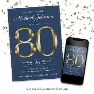 Elegant Gold Navy Blue Classy 80th Birthday Party Invitation