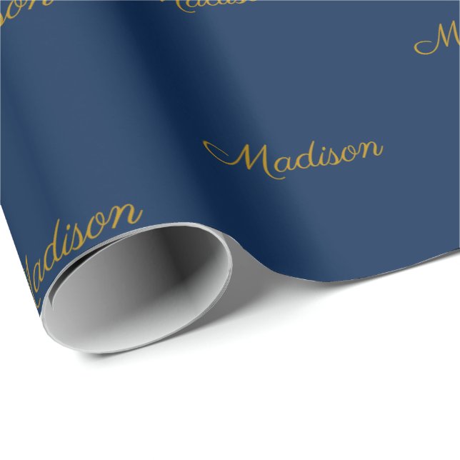 Elegant gold navy blue custom script name birthday wrapping paper (Roll Corner)