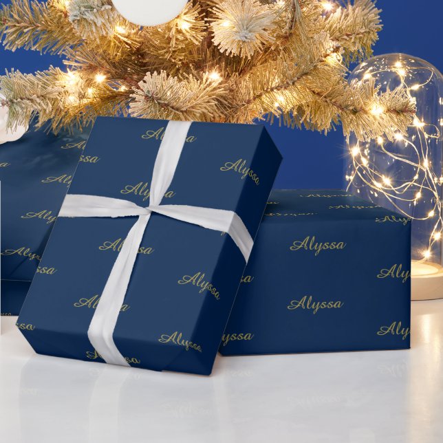 Elegant gold navy blue custom script name birthday wrapping paper (Holidays)