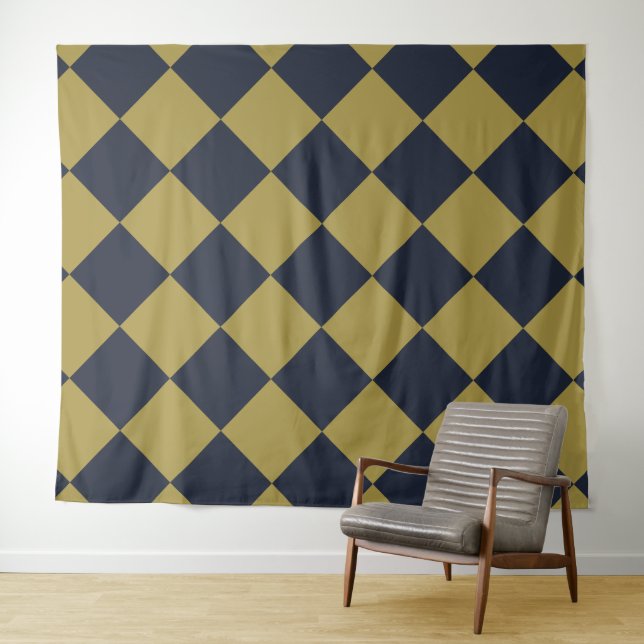 Elegant Gold & Navy Blue Diamond Pattern Tapestry (In Situ (Horizontal))