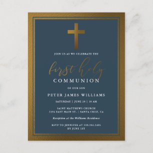 Elegant Gold & Navy Blue First Holy Communion Invitation Postcard