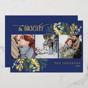 Elegant Gold Navy Blue Married & Bright Photo Foil Holiday Card