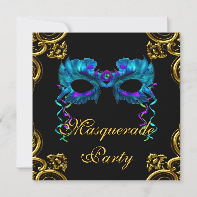 Elegant Gold Navy Blue Masquerade Party Invitation (Front)