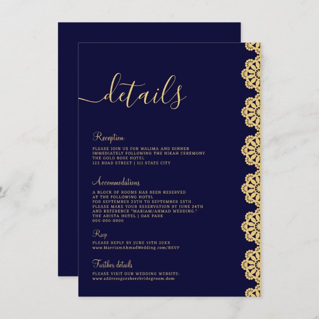 Elegant Gold Navy Blue Ornamental Islamic Details Invitation (Front/Back)