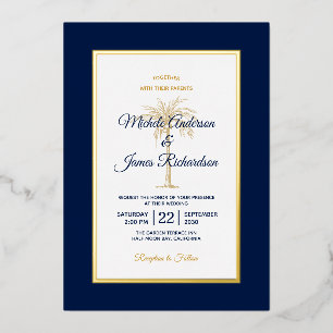 Elegant Gold Navy Blue Palm Tree Beach Wedding