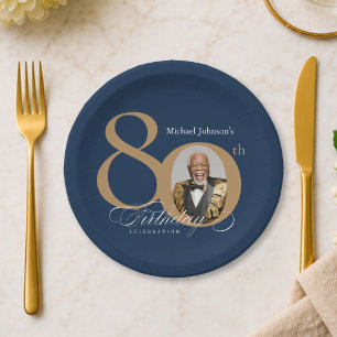 Elegant Gold Navy Blue Photo 80th Birthday Paper Plate