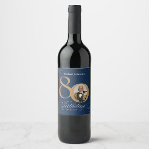 Elegant Gold Navy Blue Photo 80th Birthday  Wine Label