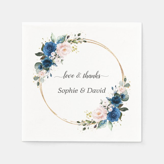 Elegant Gold Navy Blue Pink Flowers Bloom Wedding Napkin (Front)