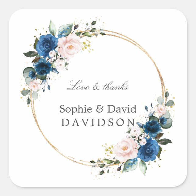 Elegant Gold Navy Blue Pink Flowers Bloom Wedding Square Sticker (Front)