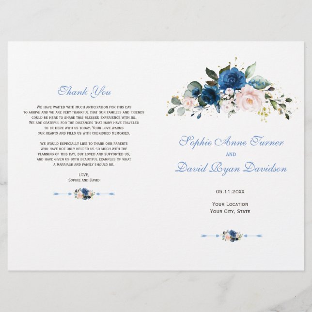 Elegant Gold Navy Blue Pink Flowers Program Flyer (Front)