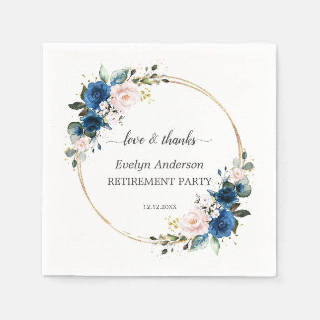 Elegant Gold Navy Blue Pink Flowers Retirement Napkin (Front)