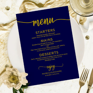 Elegant Gold Navy Blue Script Wedding Menu