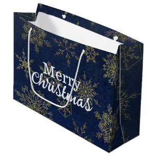 Elegant Gold Navy Blue Snowflakes Merry Christmas Large Gift Bag