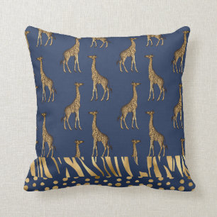 Elegant Gold Navy Blue Tiger Giraffe Cheetah Print Cushion