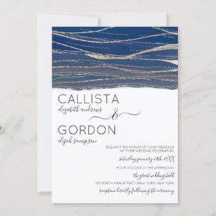 Elegant Gold Navy Blue Veined Watercolor Wedding Invitation
