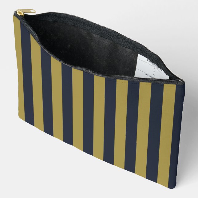 Elegant Gold & Navy Blue Vertical Stripes Accessory Pouch (Open)