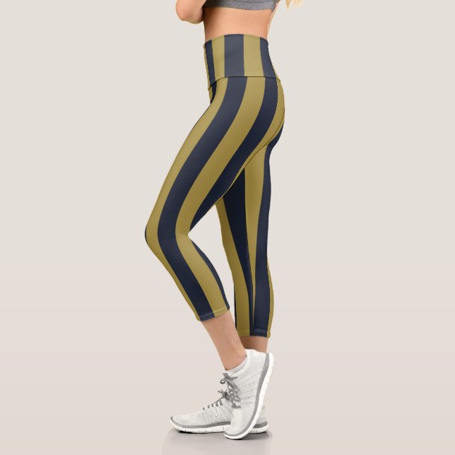 Elegant Gold & Navy Blue Vertical Stripes Capri Leggings (Left)