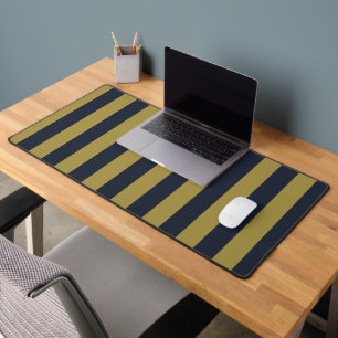 Elegant Gold & Navy Blue Vertical Stripes Desk Mat