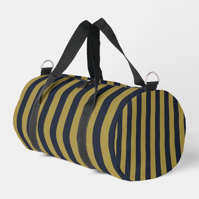 Elegant Gold & Navy Blue Vertical Stripes Duffle Bag (Left Corner)