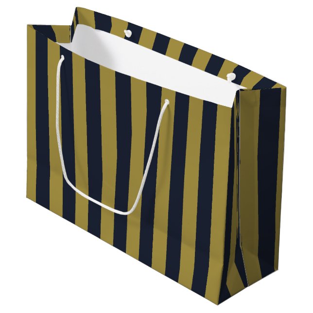 Elegant Gold & Navy Blue Vertical Stripes Large Gift Bag (Front Angled)