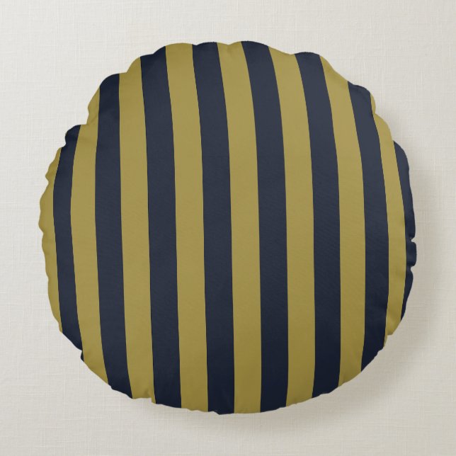 Elegant Gold & Navy Blue Vertical Stripes Round Cushion (Front)