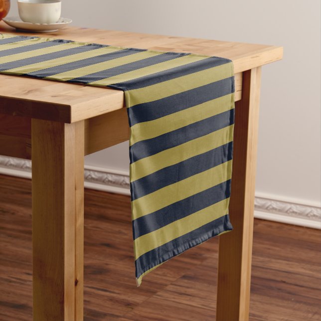 Elegant Gold & Navy Blue Vertical Stripes Short Table Runner (In Situ)