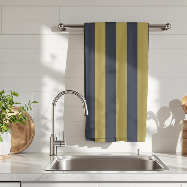 Elegant Gold & Navy Blue Vertical Stripes Tea Towel (Creator Uploaded)