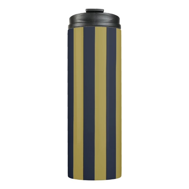 Elegant Gold & Navy Blue Vertical Stripes Thermal Tumbler (Front)