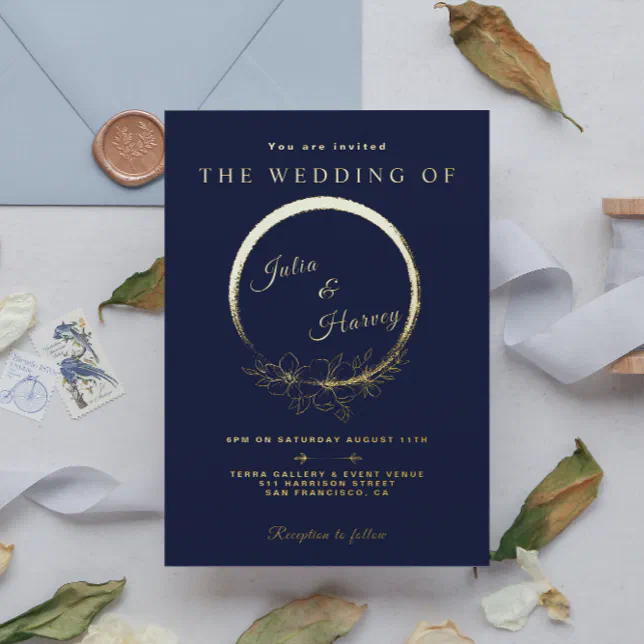 Elegant Gold Navy Blue Wedding Foil Invitation | Zazzle