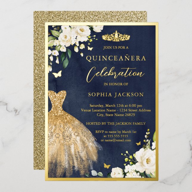 Elegant Gold Navy Floral Tiara Dress Quinceanera  (Front/Back)