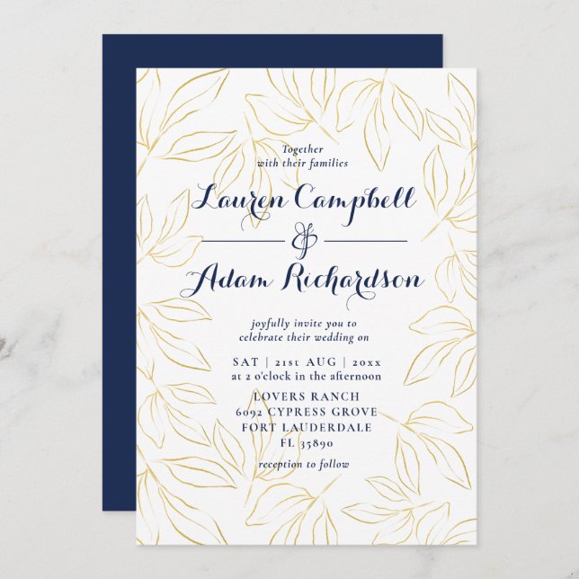 Elegant Gold & Navy Foliage Calligraphy Wedding Invitation (Front/Back)