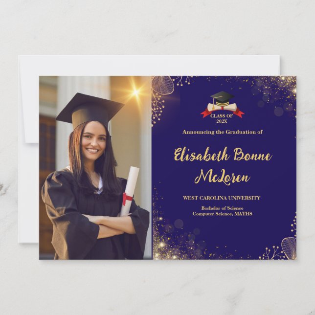 Elegant Gold & Navy Graduation Announcements (Front)