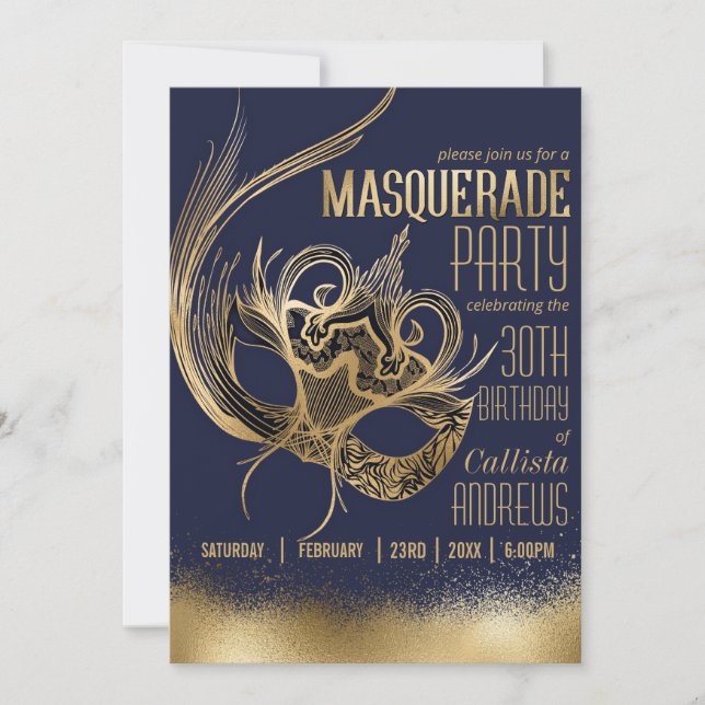 Elegant Gold Navy Masquerade Mask Birthday Party Invitation (Front)