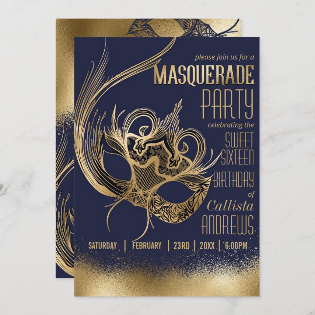 Elegant Gold Navy Masquerade Mask Sweet Sixteen Invitation (Front/Back)