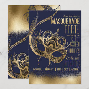 Elegant Gold Navy Masquerade Mask Sweet Sixteen Invitation