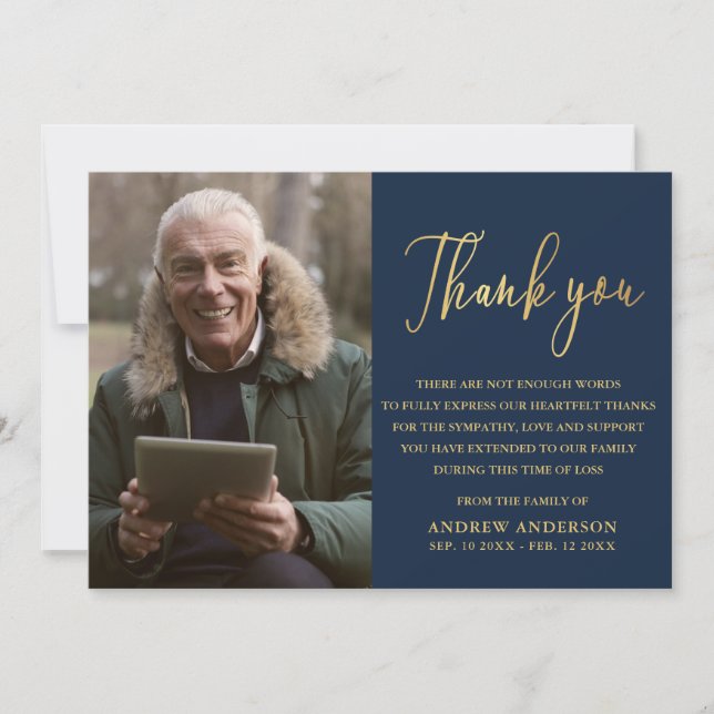 Elegant Gold & Navy Photo Funeral Thank You Card (Front)