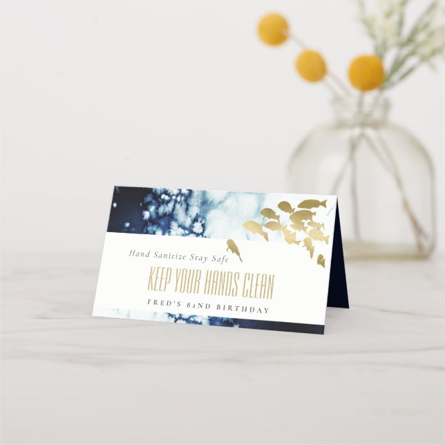 Elegant Gold Navy Underwater Fish Any Age Birthday Place Card (Front)