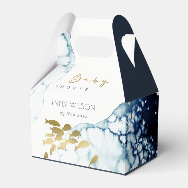 ELEGANT GOLD NAVY UNDERWATER FISH BABY SHOWER FAVOUR BOX (Front Side)